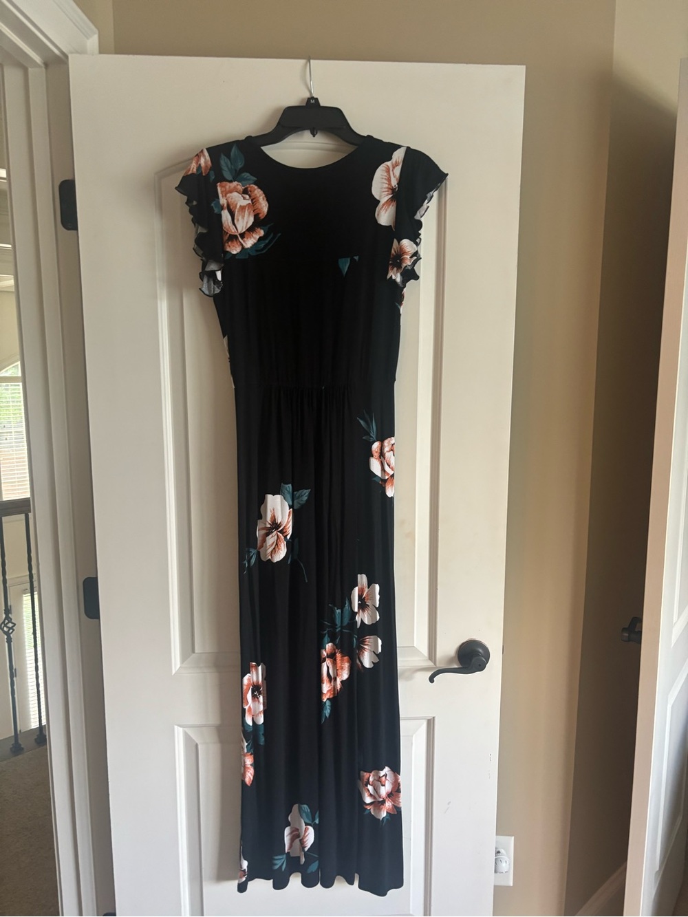 Loveappella Black Floral Maxi Dress with Ruffled Cap Sleeves